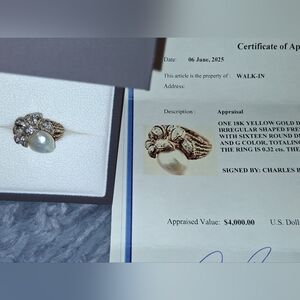 18k Yellow Gold Ring With Diamonds And A Pearl Cocktail Chunky One Of A Kind